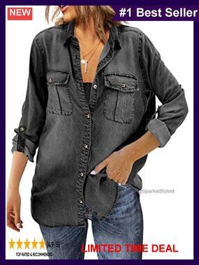 Oversized Button Down Denim Shirt Long Sleeve Tunic Blouse